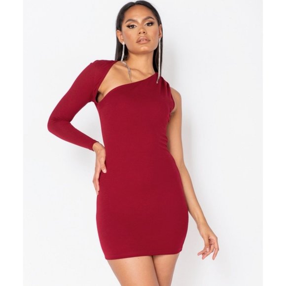 Burgundy Long Sleeve One Shoulder Bodycon Mini Dress - Picture 3 of 8
